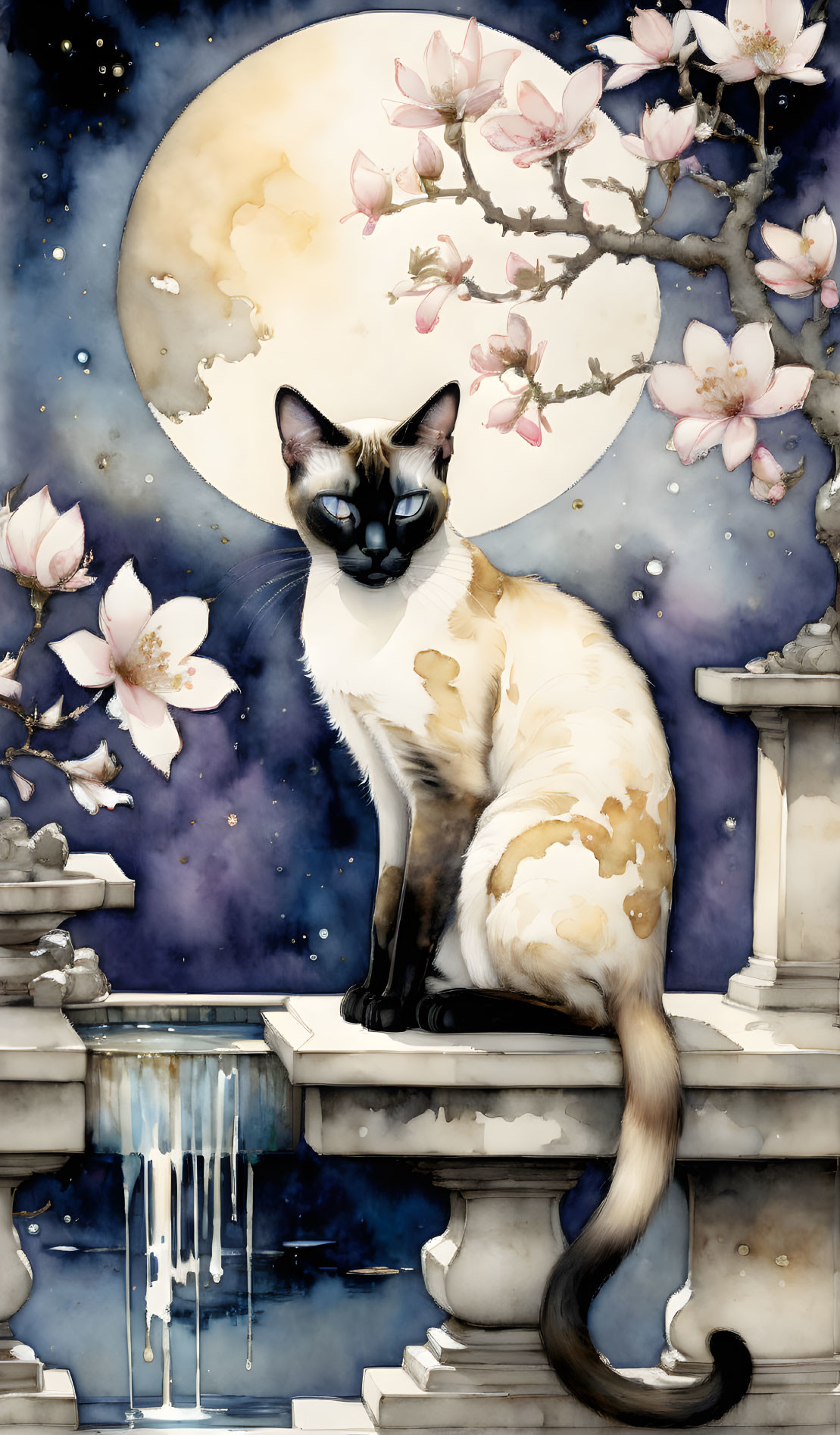 Siamese Cat in Moonlit Cherry Blossom Night Sky