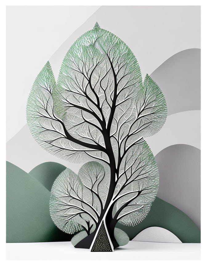 Detailed Tree Illustration with Patterned Leaves and Stylized Hills Background