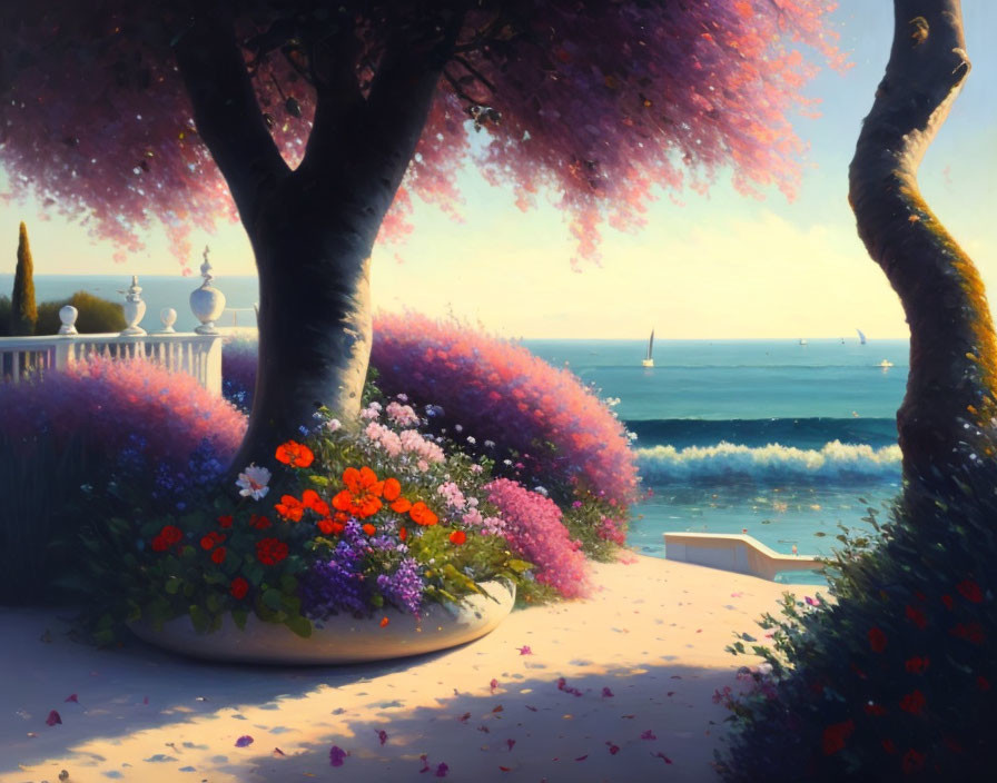 Tranquil seaside garden with purple trees, vibrant flowers, sailboats, serene sea, glowing sky