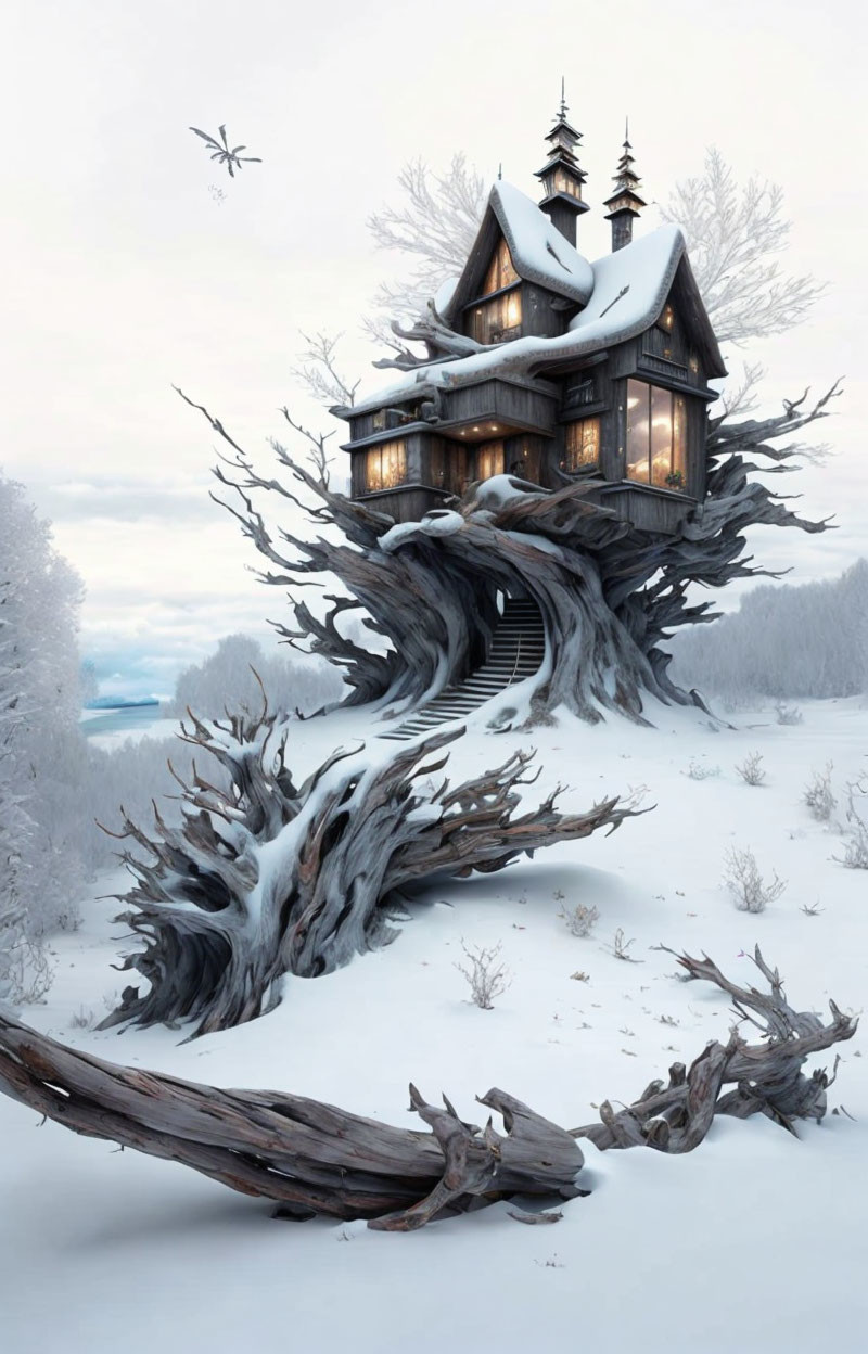 Whimsical house on gnarled tree in snowy landscape with glowing lights and drone.