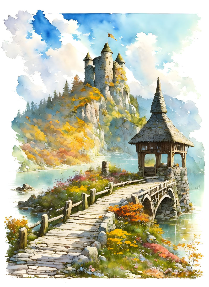 Ancient stone castle on rocky cliff with autumn trees and lake