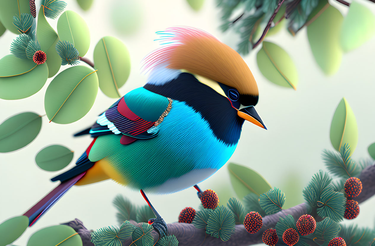 Vibrant Bird Illustration Perched on Branch with Greenery