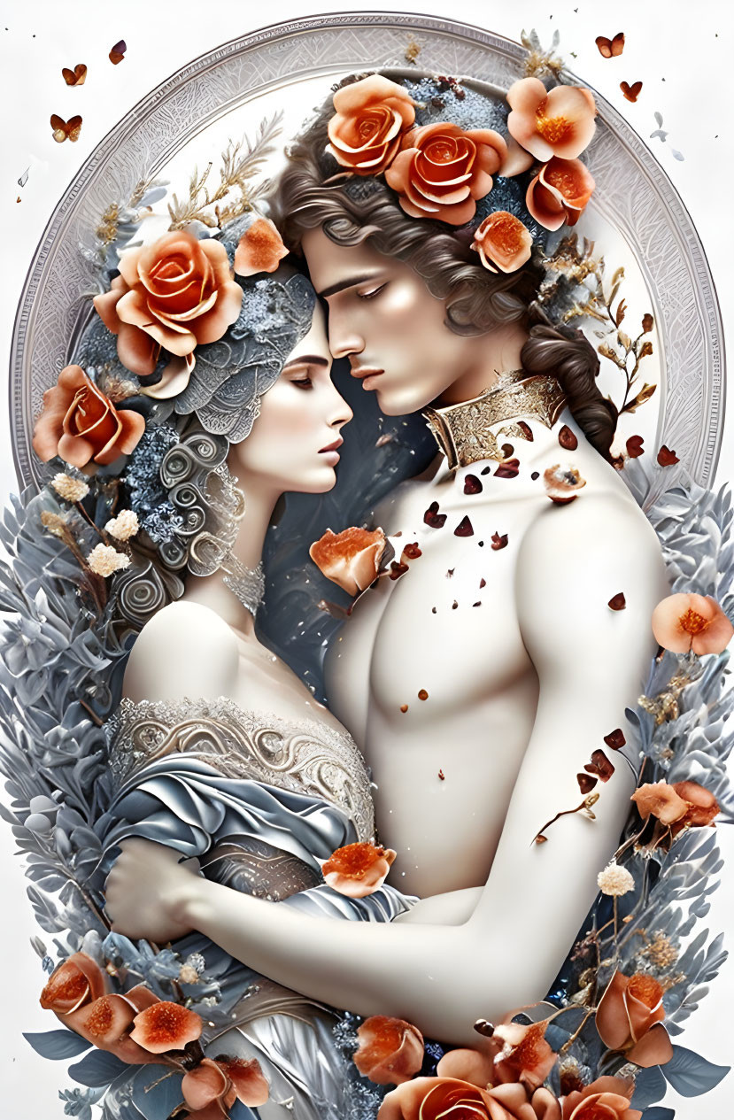 Romantic embrace between man and woman in floral-themed illustration