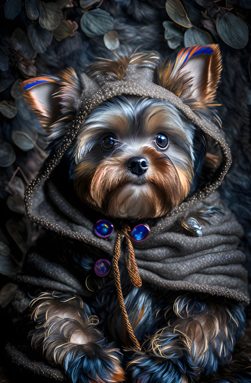 Yorkshire Terrier Dog in Sparkling Hooded Cloak with Intricate Details