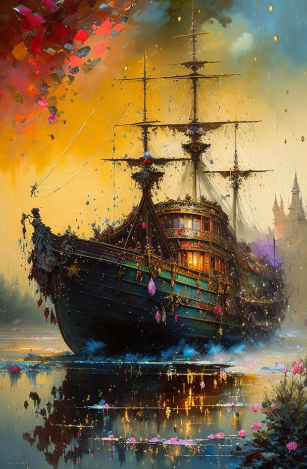 Elaborately decorated old-fashioned ship in calm water with vibrant flowers and colorful sky