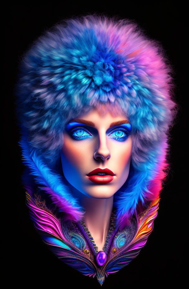 Colorful digital portrait of a person with blue eyes and fur hat on black background