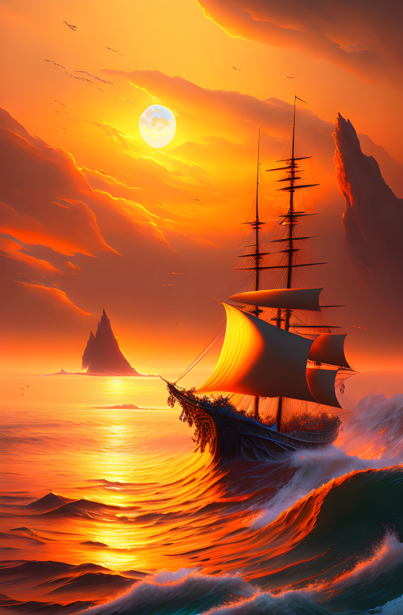 Majestic sailing ship on fiery orange ocean at sunset