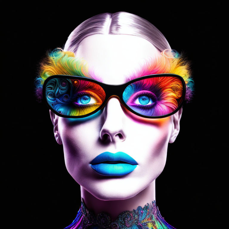 Woman with Blue Lipstick and Psychedelic Sunglasses on Black Background