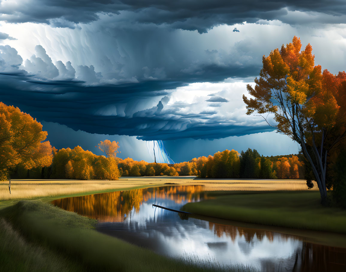 Vibrant autumn forest by calm lake under threatening sky