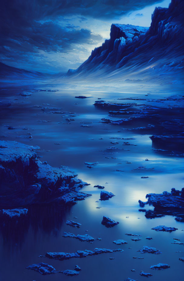 Blue-toned landscape with mountains, reflective water, ice formations, and moody sky