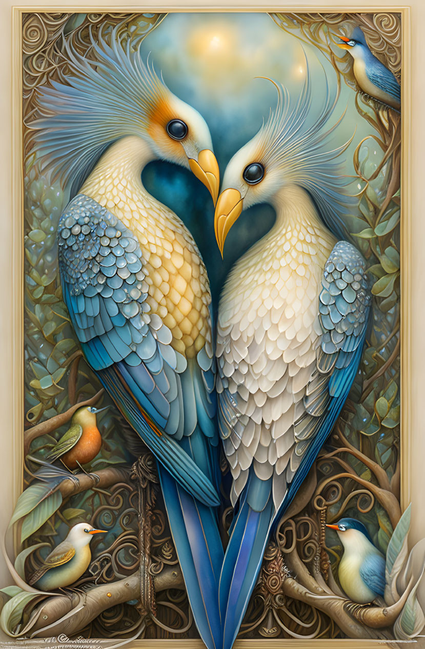 Stylized blue and white birds artwork with ornate foliage