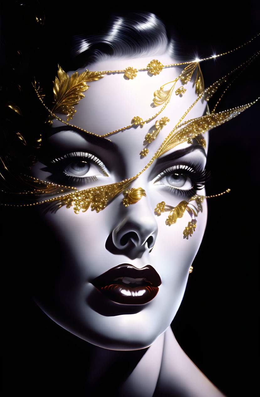 Fair-skinned woman in golden mask with jewels on dark background