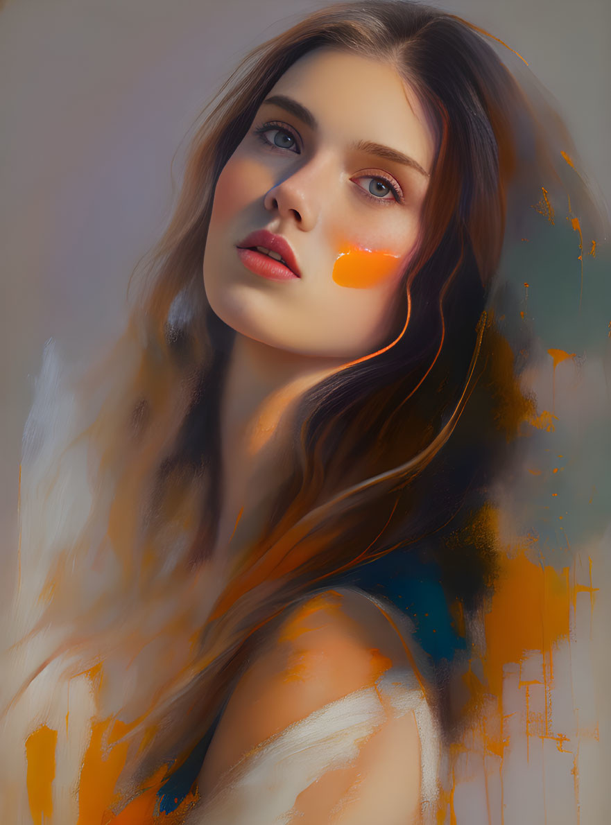 Digital Portrait: Woman with Long Brown Hair and Hazel Eyes