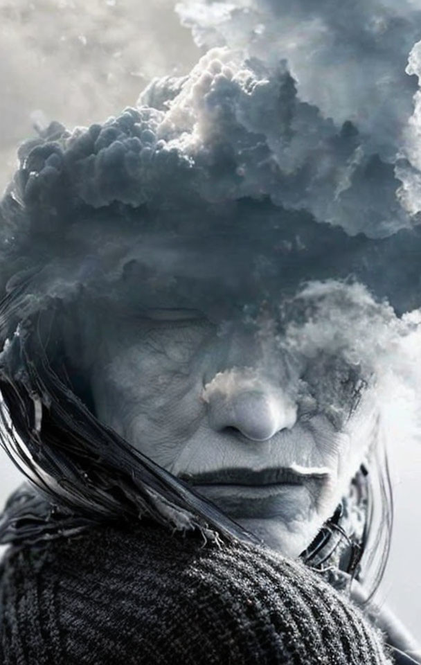 Woman's face merges with stormy clouds in surreal portrait.