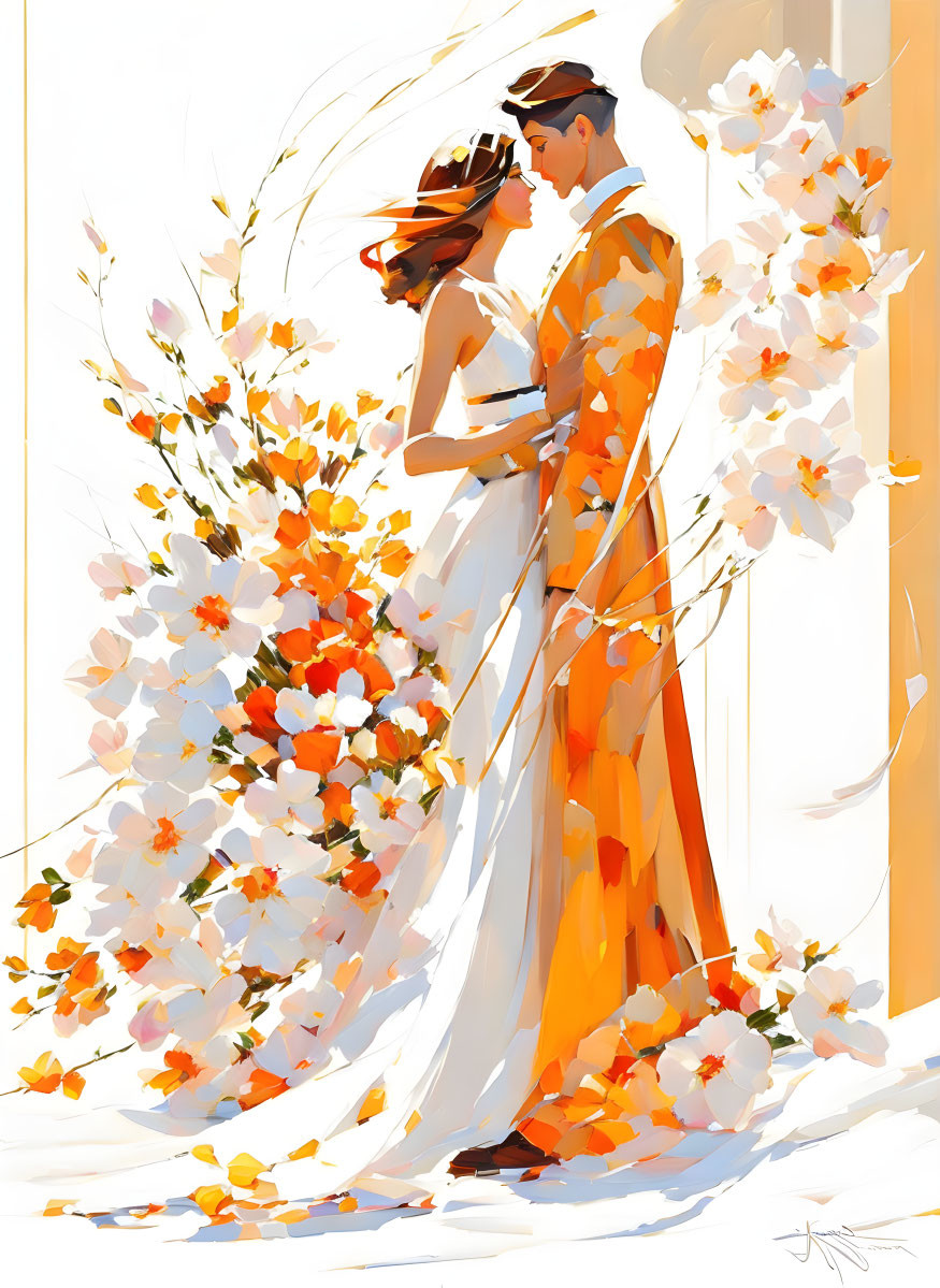 Colorful Wedding Couple Embracing Among Orange and White Flowers