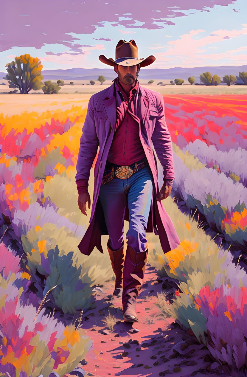 Colorful Cowboy Walking Through Flower Field in Purple Coat