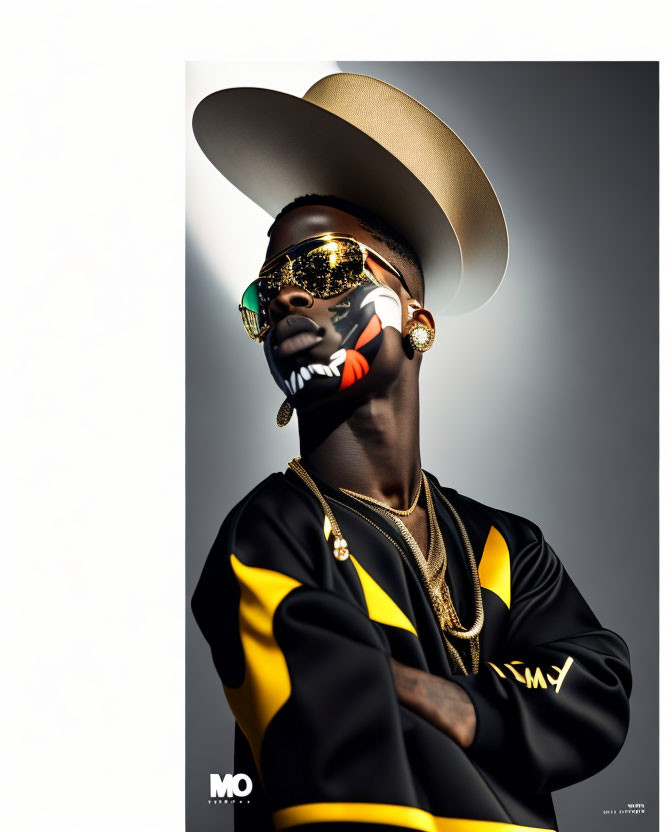 Fashionable Wide-Brimmed Hat, Mirrored Sunglasses, Bold Jacket & Gold Necklaces