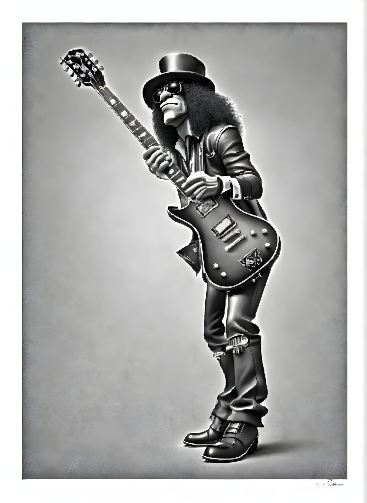 Monochrome illustration of stylish guitarist with long curly hair and hat playing electric guitar