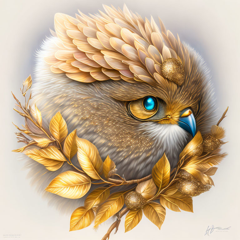 Fantastical golden-brown bird with striking blue eye and leaf-like feathers.