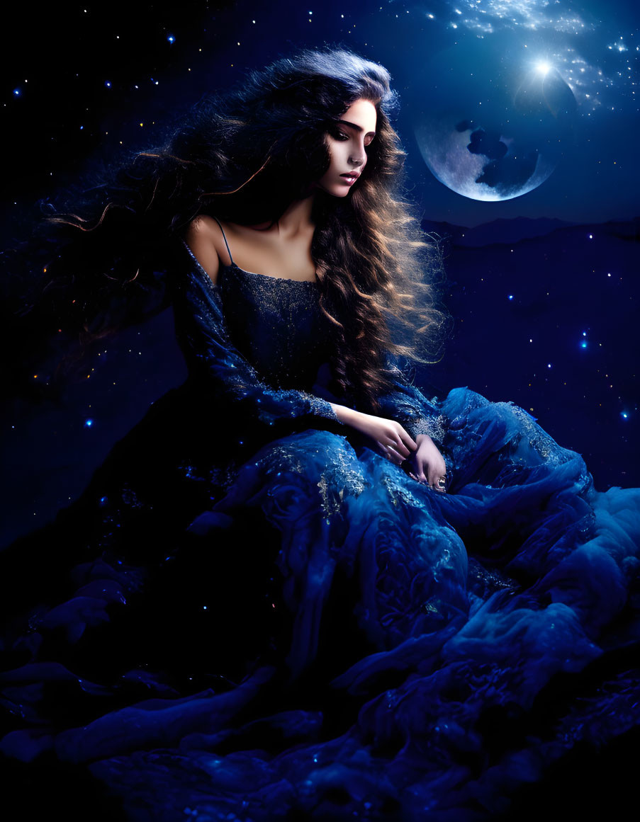 Woman in flowing hair under night sky with crescent moon and stars.