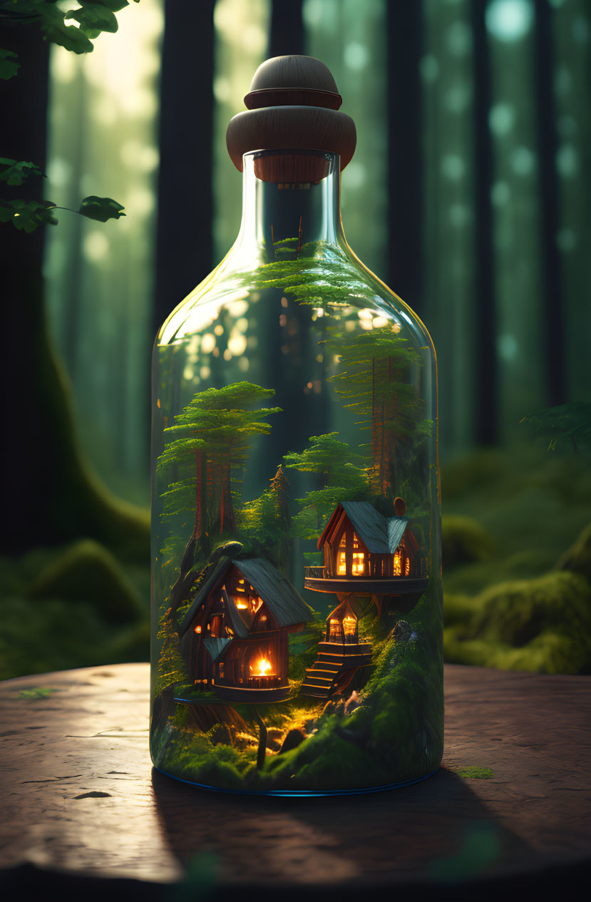 Detailed Forest Scene in Glass Bottle with Cozy Cabins & Sunlit Trees