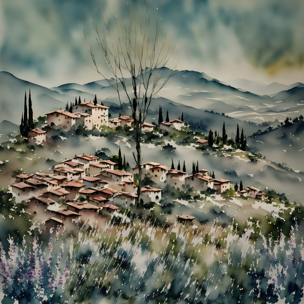 Rustic village watercolor: rolling hills, houses, bare tree, wildflowers