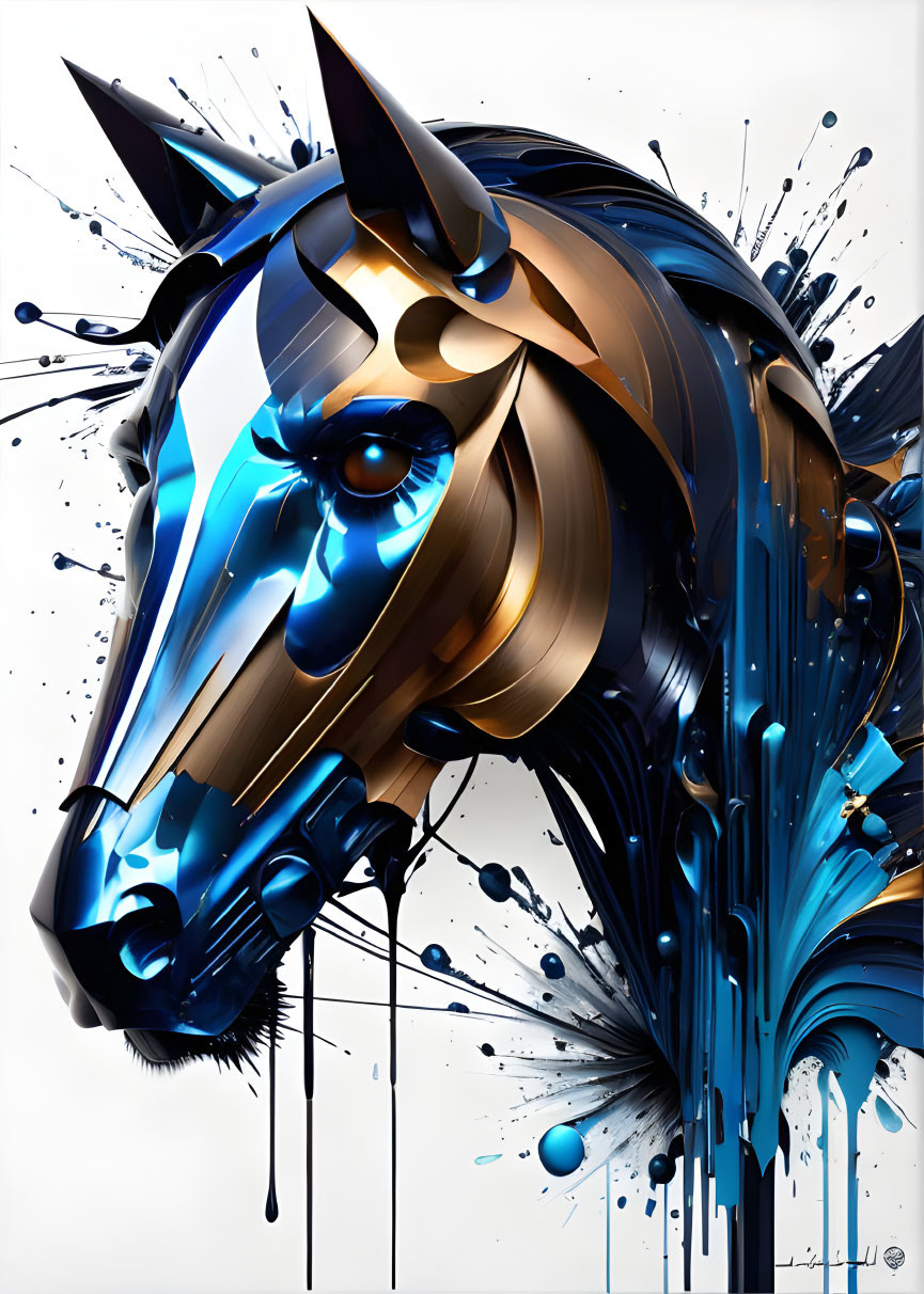 Stylized digital painting of a horse head in metallic blue and gold tones