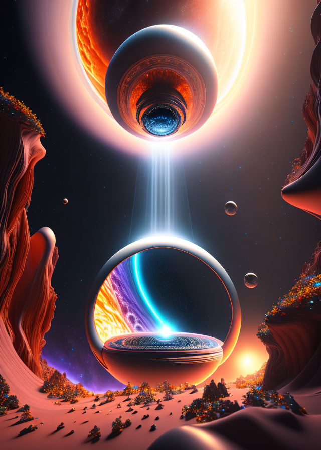 Surreal landscape: Giant humanoid faces, cosmic orbs, vibrant colors