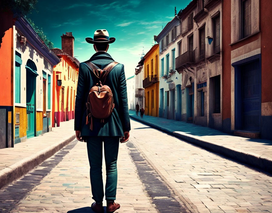 Person in hat and backpack on colorful street under blue sky