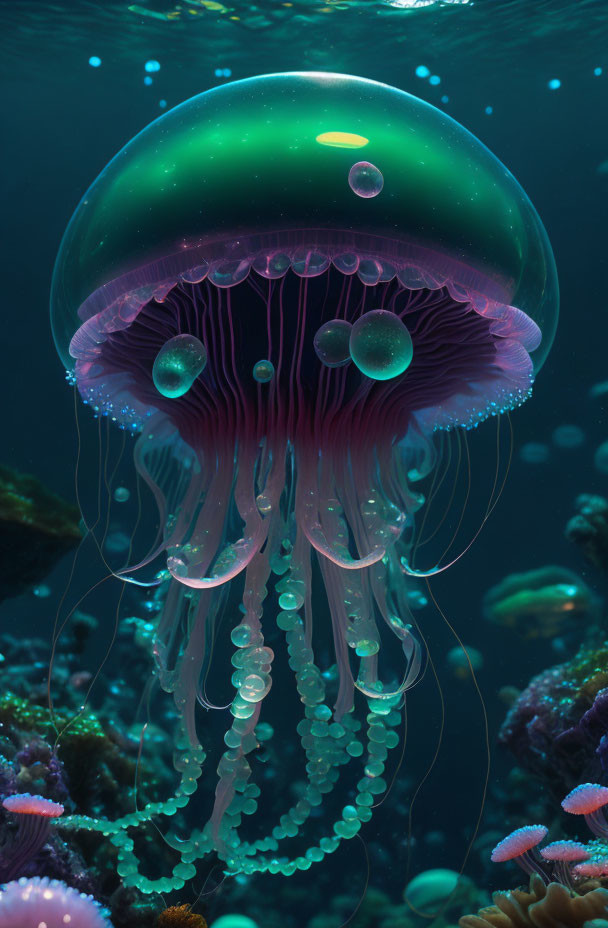 Underwater Scene: Glowing Green and Pink Jellyfish with Fish and Coral