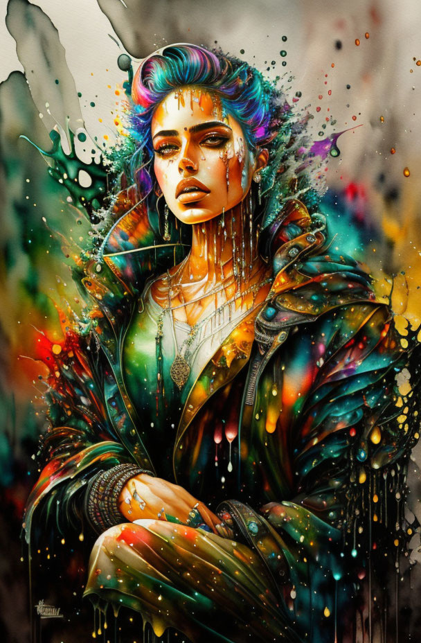 Colorful portrait of a person with rainbow hair and paint-splattered jacket on vibrant backdrop