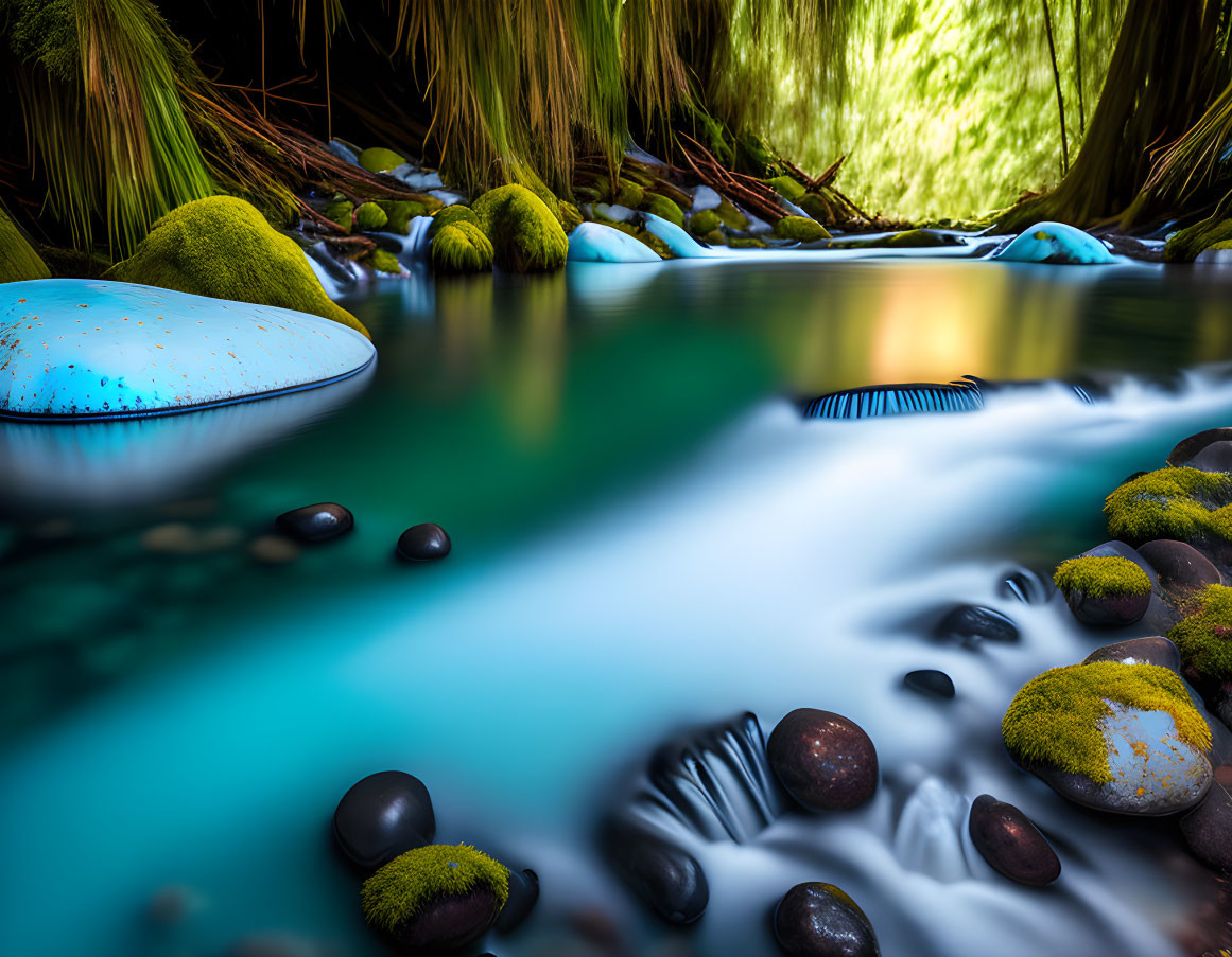 Tranquil stream with moss-covered rocks under green canopy