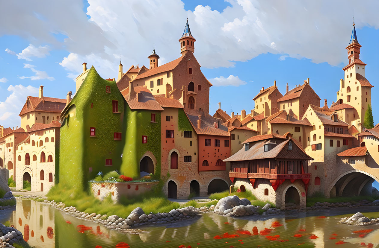 Medieval village with terracotta roofs, river, bridges, ivy-covered houses