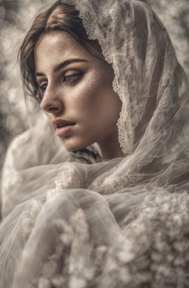 Intense gaze woman portrait in delicate lace fabric