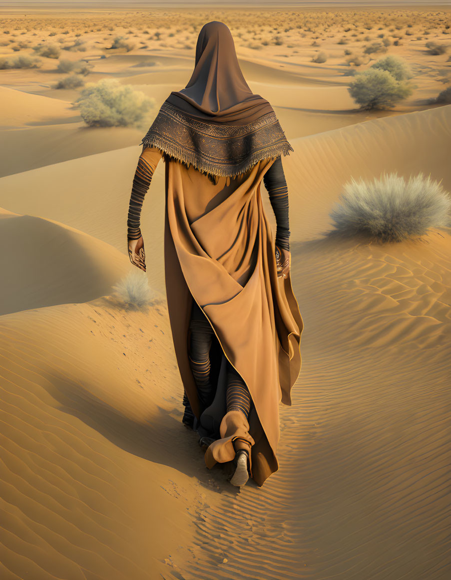 Person in brown robe walking in desert landscape.