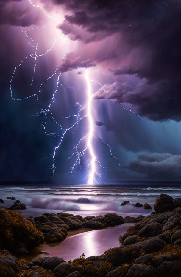 Multiple lightning strikes over stormy coastal scene