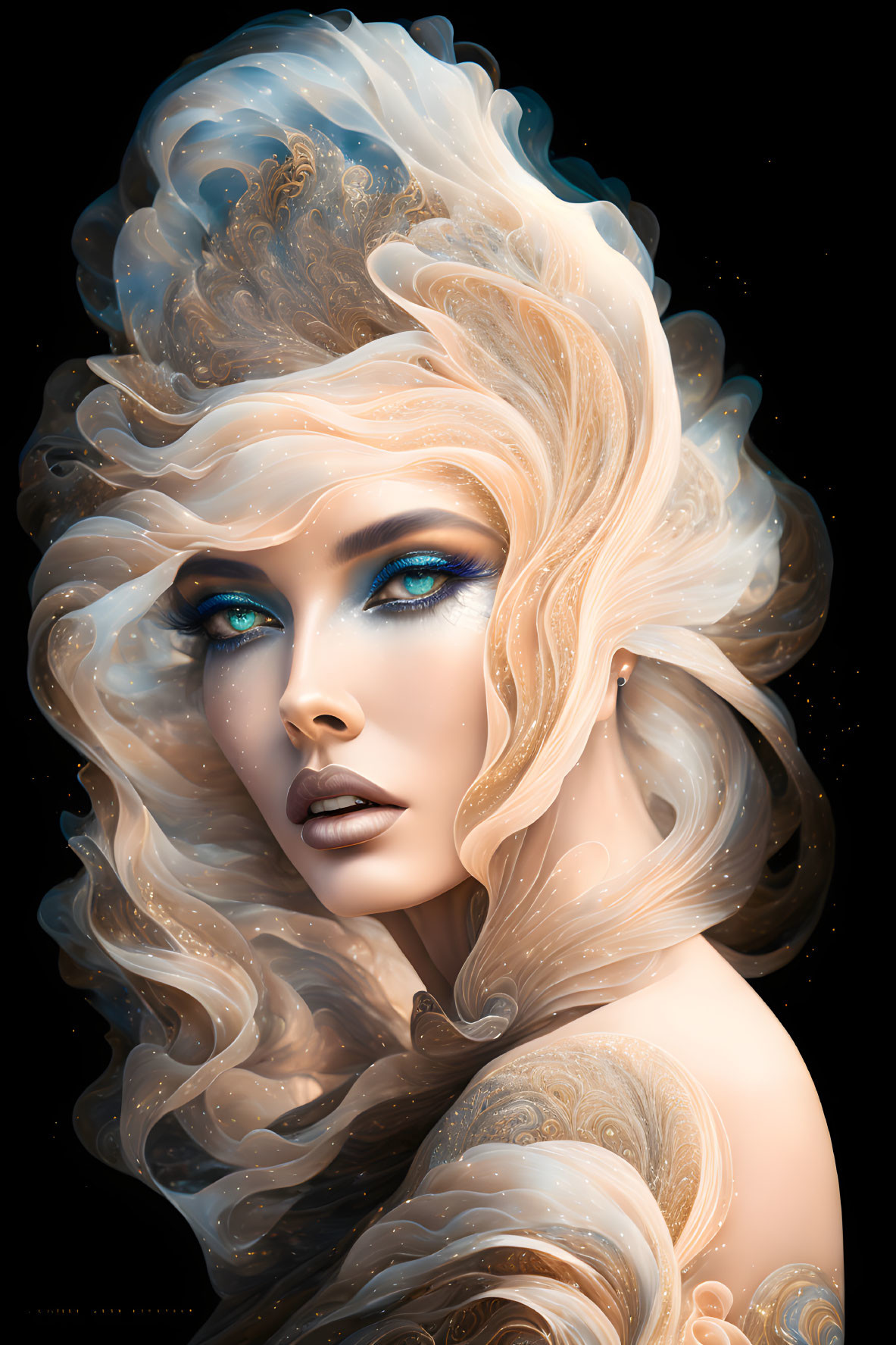 Woman with Voluminous Wavy Hair in Cosmic Setting