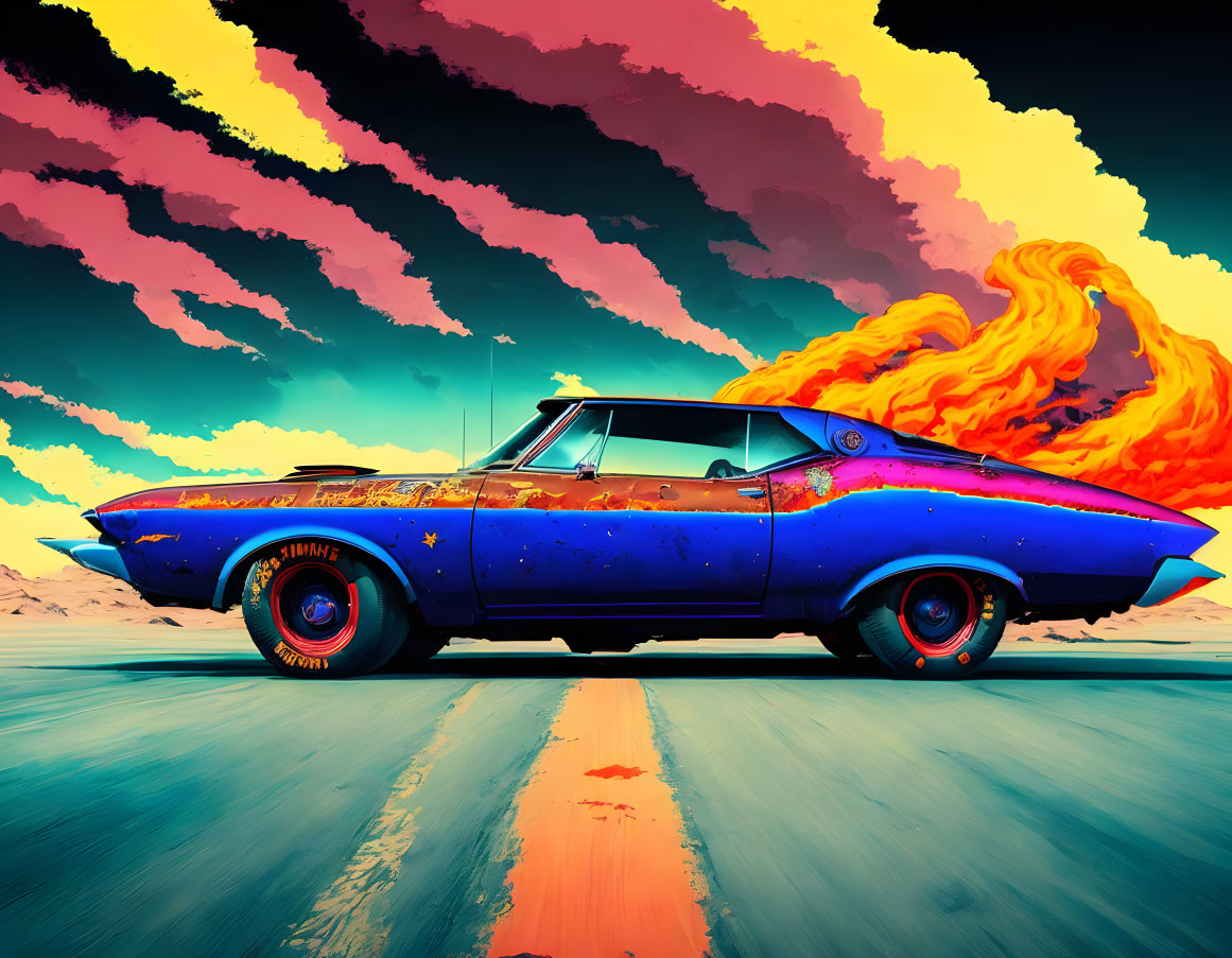 Vibrant vintage car under swirling orange clouds and fiery backdrop