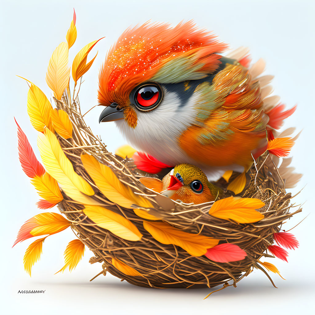 Vibrant illustration of fantastical birds in fiery plumage nest