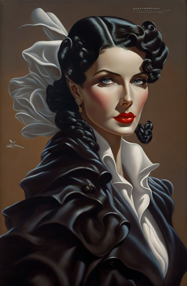 Vintage Style Woman with Black Hair, Blue Eyes, Red Lipstick, Black Coat, and Airplane