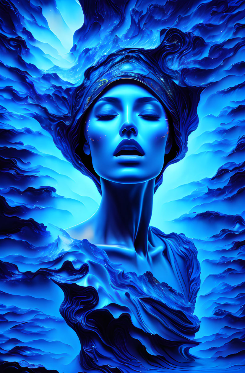 Monochromatic blue surreal artwork of serene female figure surrounded by flowing water elements