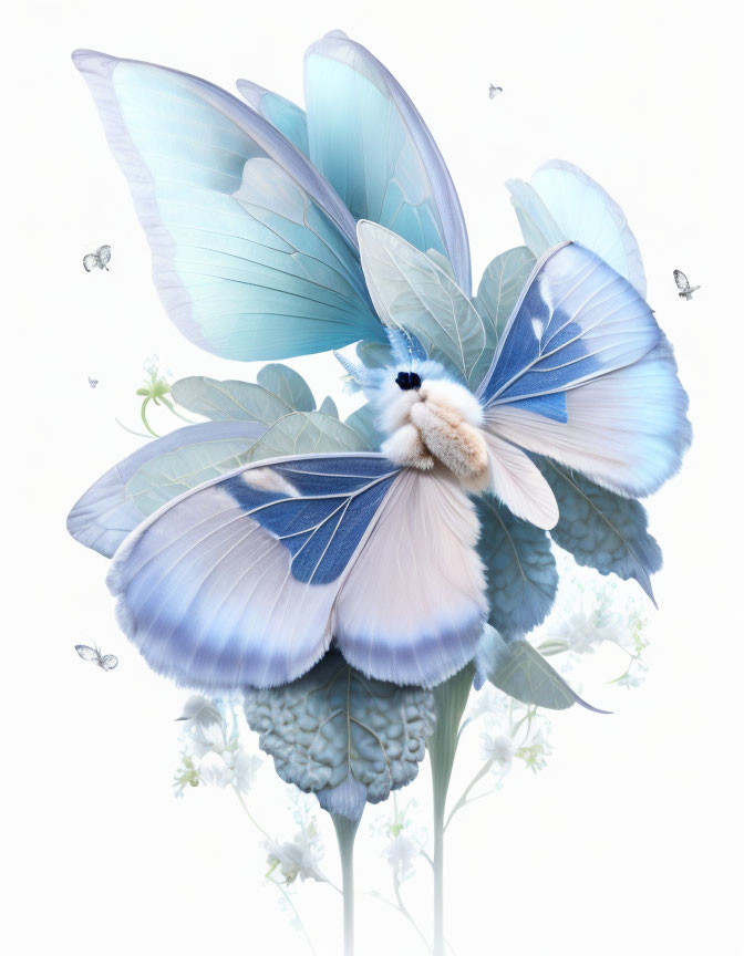 Blue butterfly and flower art with delicate butterflies and flora on white background