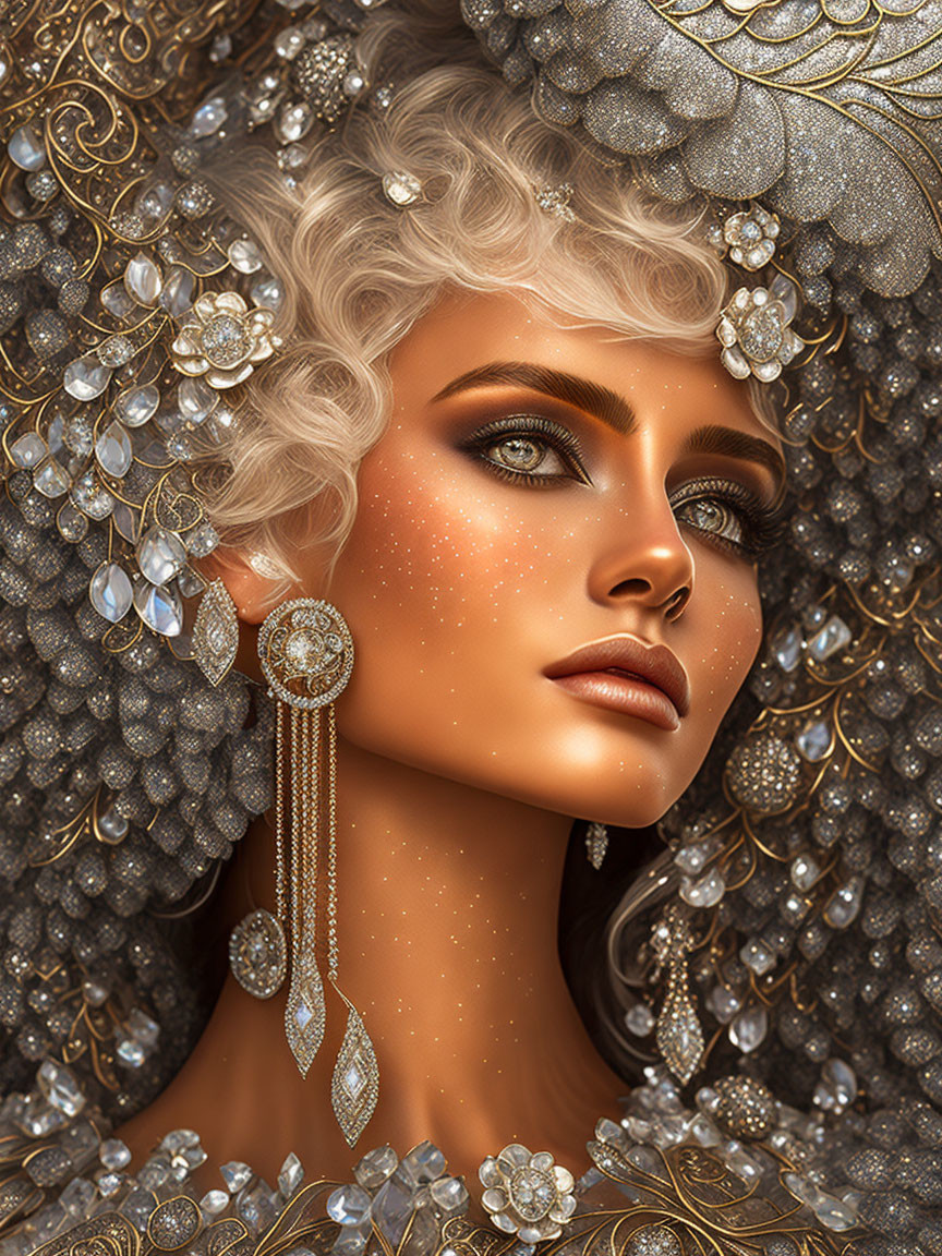 Woman in Digital Art with Golden Accessories & Sparkling Gems