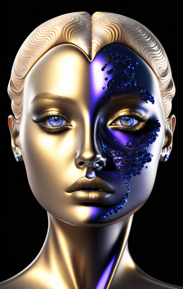 Symmetrical Split-Face Digital Artwork: Human vs. Metallic Blue