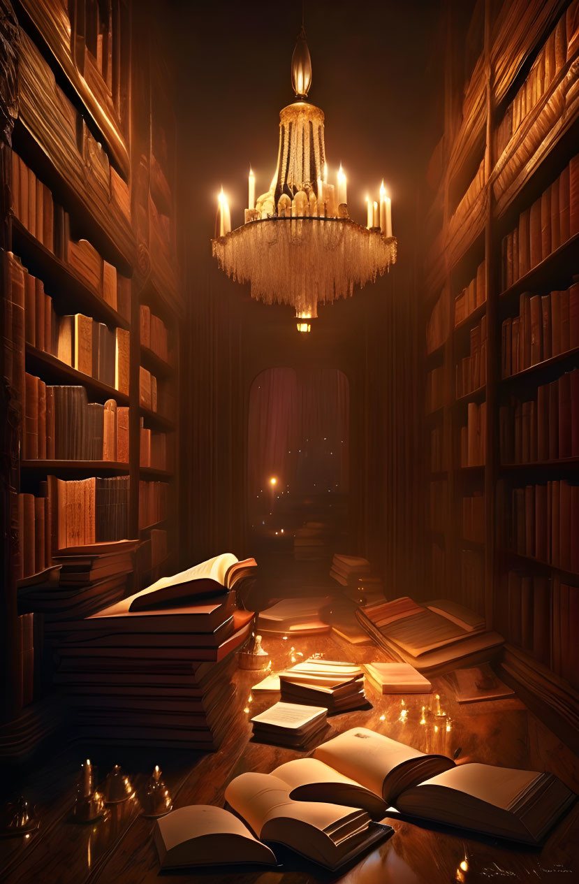 Cozy library with books, candlelit ambiance