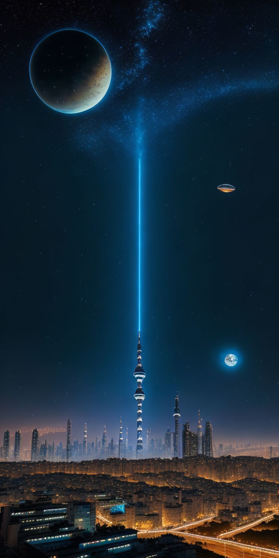 Futuristic night cityscape with tall tower and hovering planets