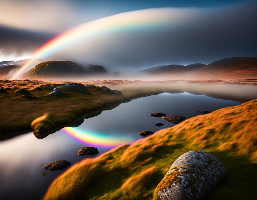 Tranquil landscape with vibrant rainbow over misty lake