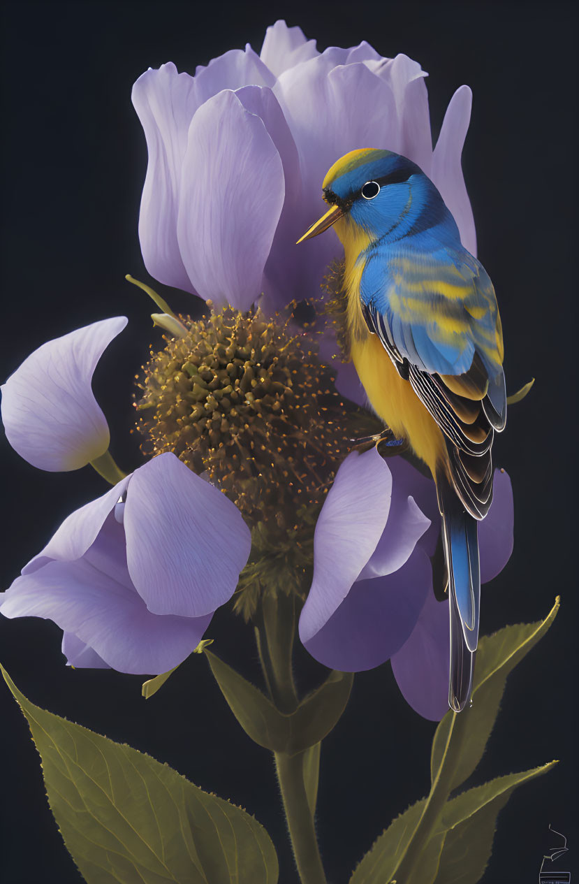 Colorful Bird on Purple Flower Against Dark Background