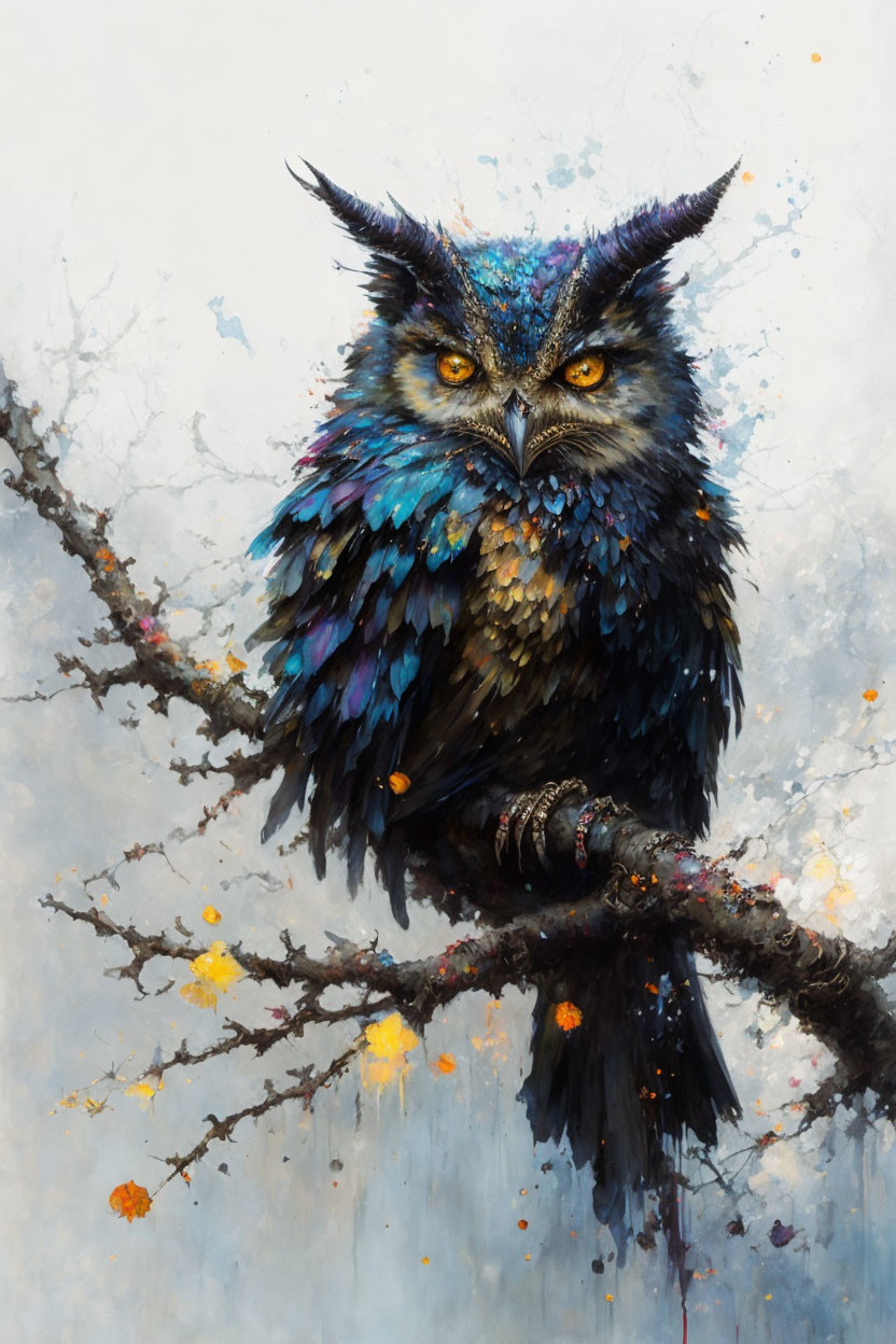 Colorful fantastical owl perched on branch with ethereal background