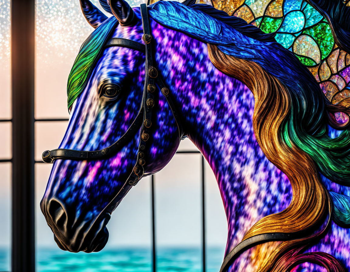 Vibrant horse art with stained glass elements and ocean sunset background